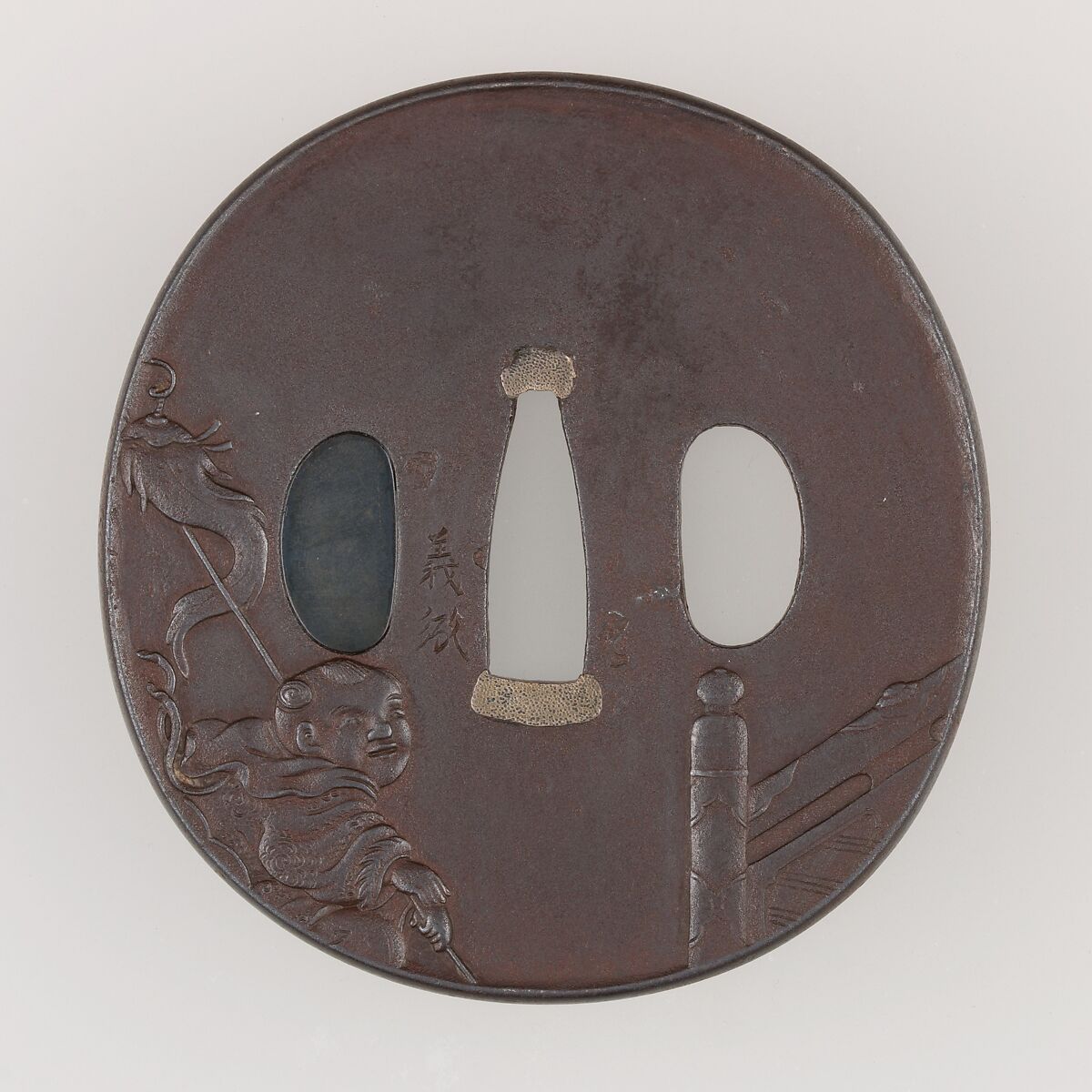 Sword Guard (Tsuba), Inscribed by Yoshitane (Japanese, 19th century), Iron, copper, Japanese