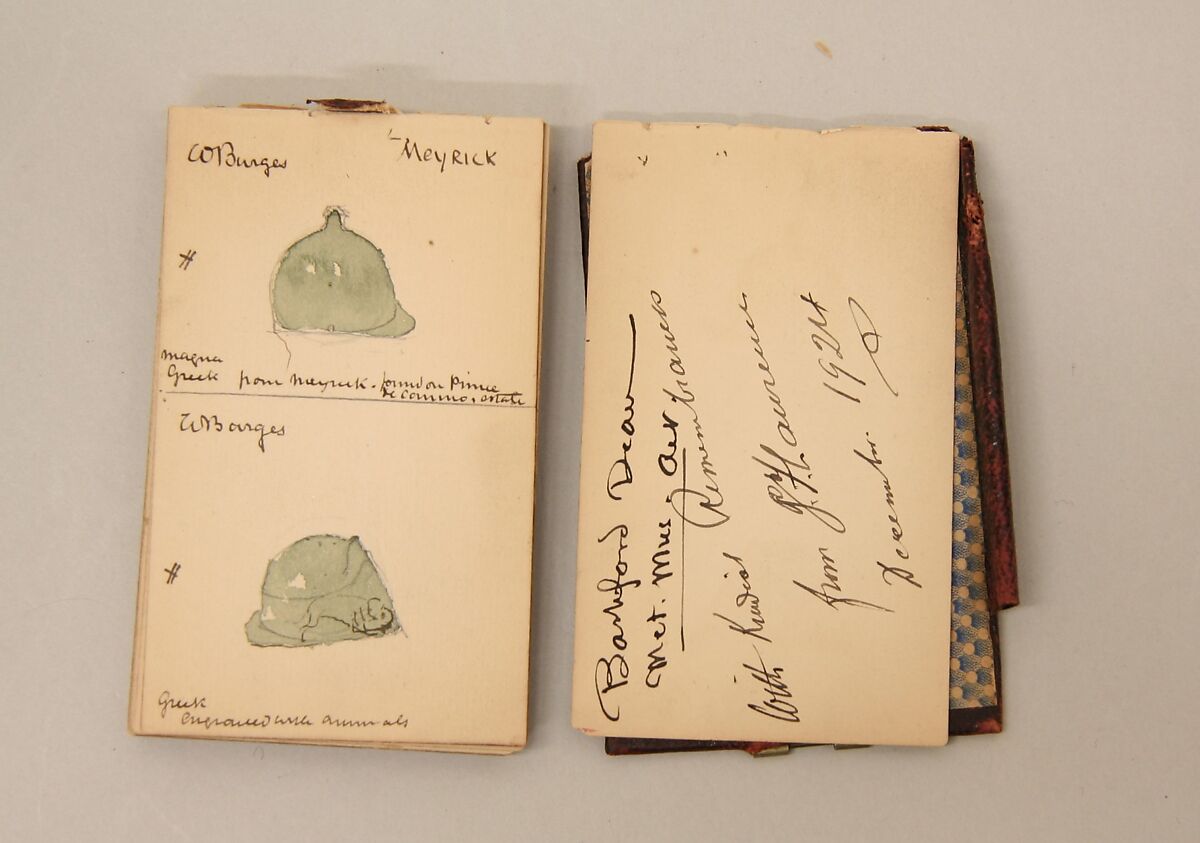 Memorandum Book Showing Colored Sketches Mostly of European Helmets, William Burges (1827–1881), Paper, leather, silver, British