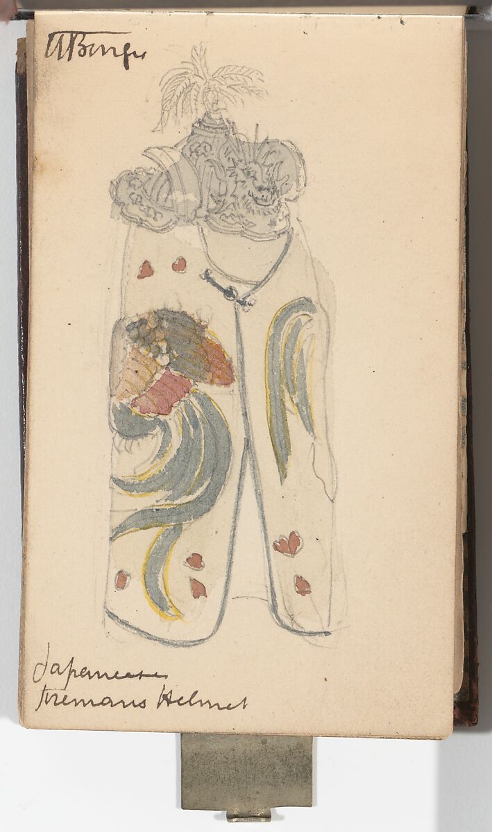 Memorandum Book Showing Colored Sketches Mostly of European Helmets, William Burges (1827–1881), Paper, leather, silver, British