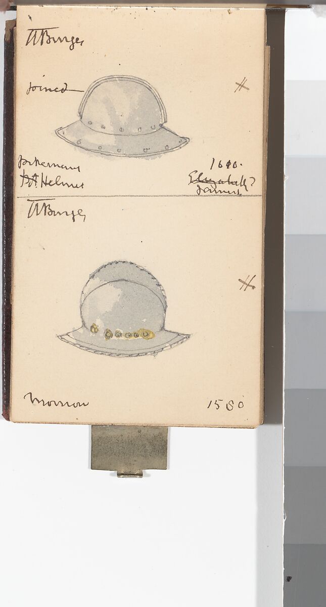 Memorandum Book Showing Colored Sketches Mostly of European Helmets, William Burges (1827–1881), Paper, leather, silver, British