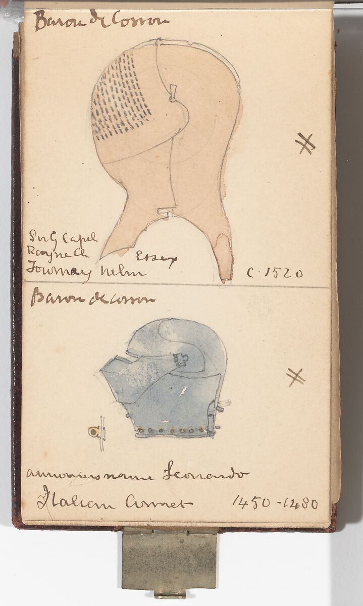 Memorandum Book Showing Colored Sketches Mostly of European Helmets, William Burges (1827–1881), Paper, leather, silver, British 