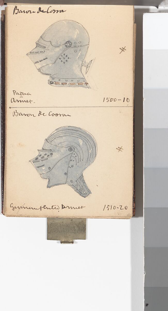 Memorandum Book Showing Colored Sketches Mostly of European Helmets, William Burges (1827–1881), Paper, leather, silver, British