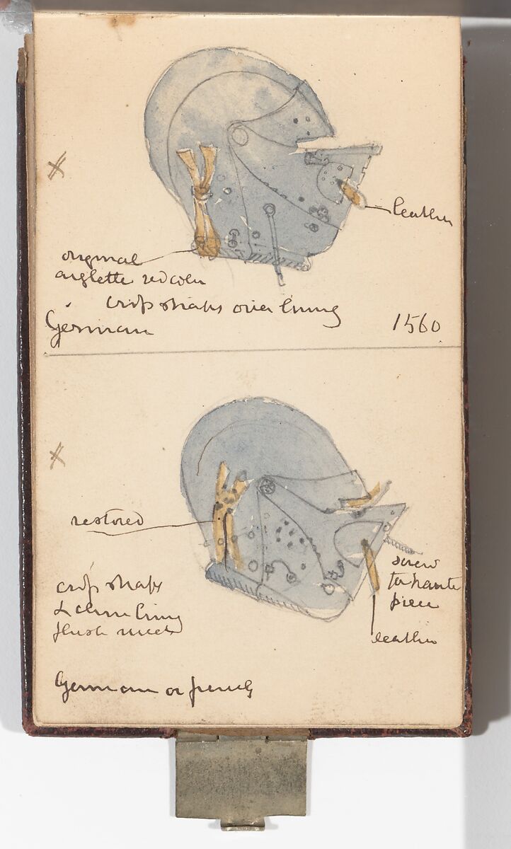 Memorandum Book Showing Colored Sketches Mostly of European Helmets, William Burges (1827–1881), Paper, leather, silver, British