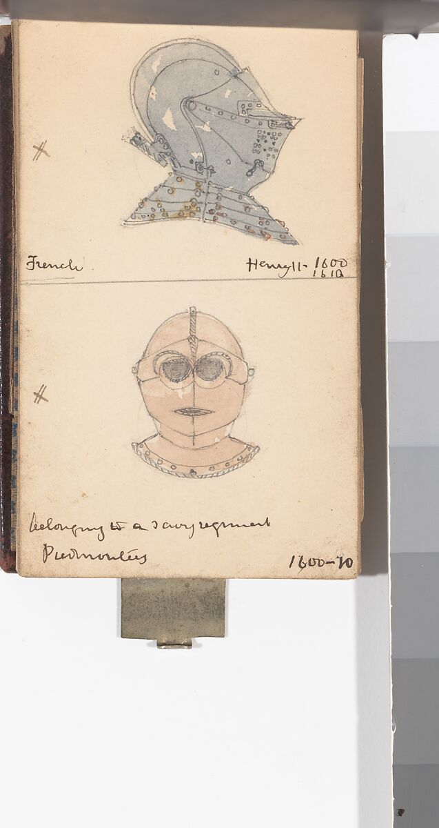 Memorandum Book Showing Colored Sketches Mostly of European Helmets, William Burges (1827–1881), Paper, leather, silver, British