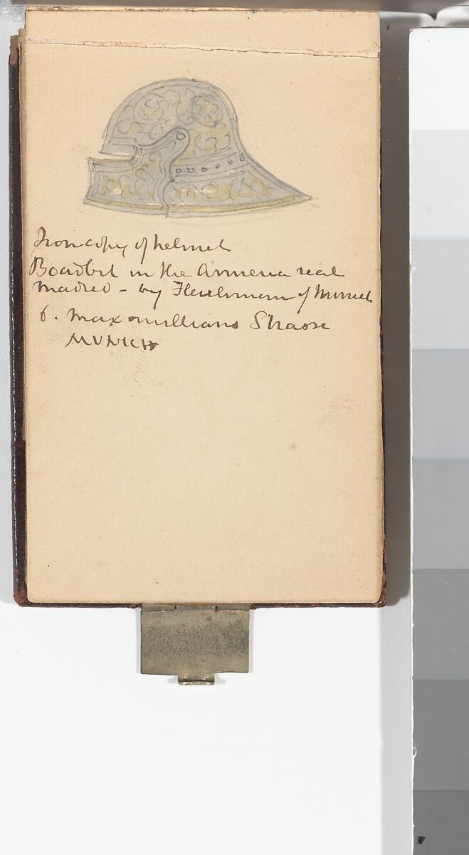 Memorandum Book Showing Colored Sketches Mostly of European Helmets, William Burges (1827–1881), Paper, leather, silver, British