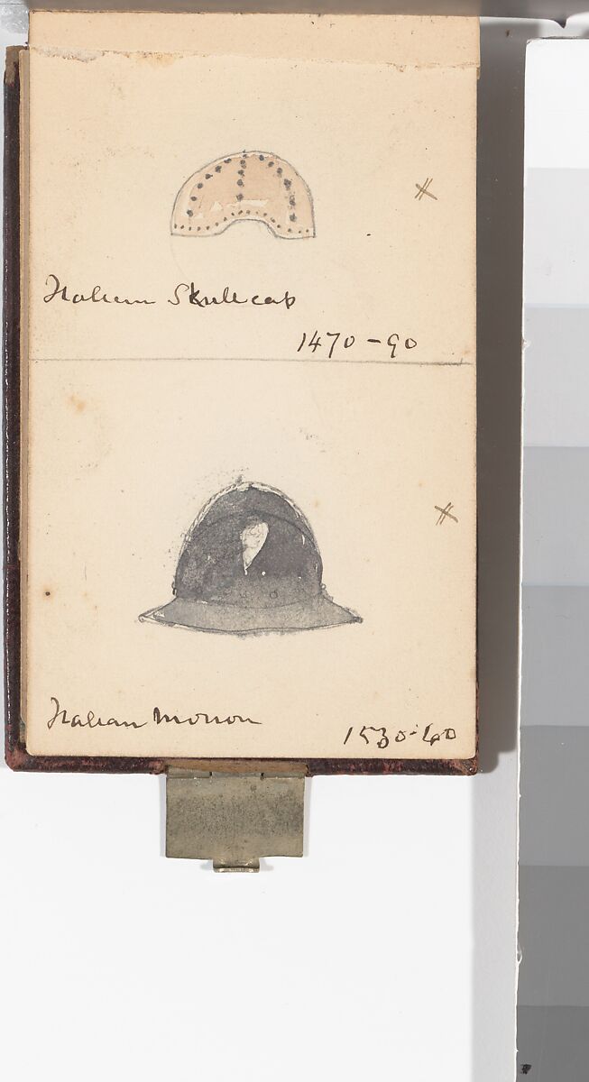 Memorandum Book Showing Colored Sketches Mostly of European Helmets, William Burges (1827–1881), Paper, leather, silver, British