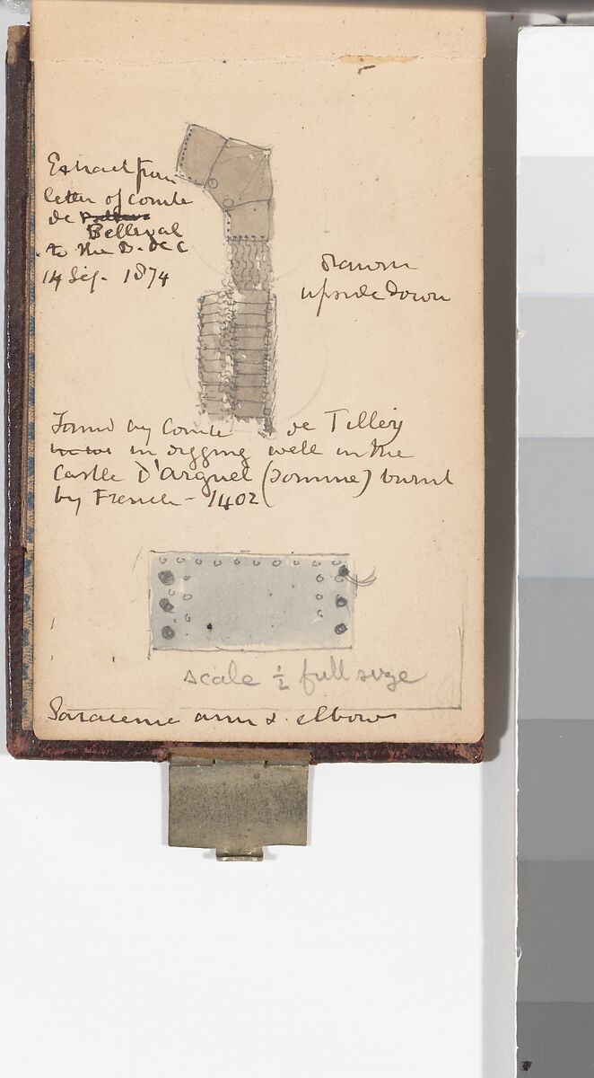 Memorandum Book Showing Colored Sketches Mostly of European Helmets, William Burges (1827–1881), Paper, leather, silver, British