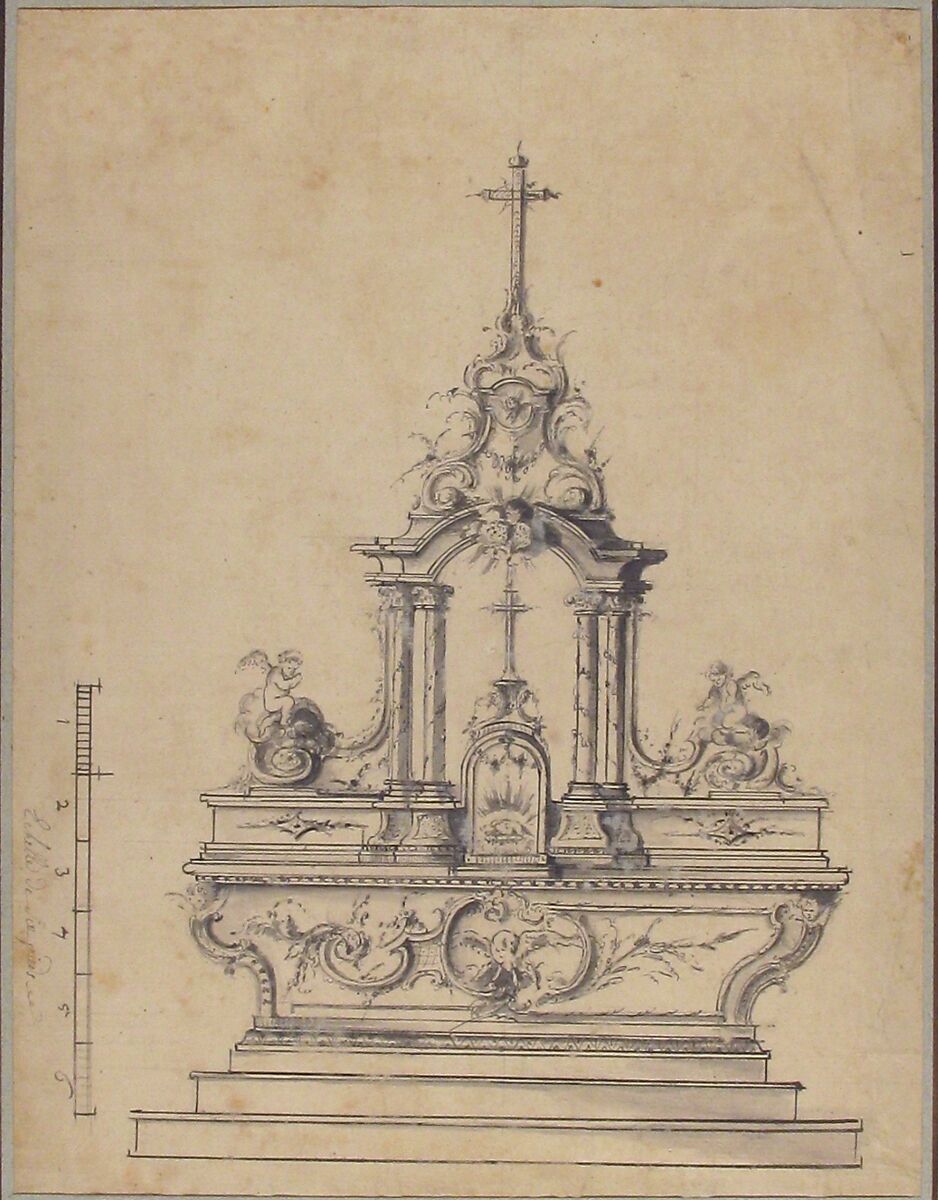 Design for an Altar, Anonymous, French, 18th century, Pen and black ink, brush and gray wash; scale in pieds at left