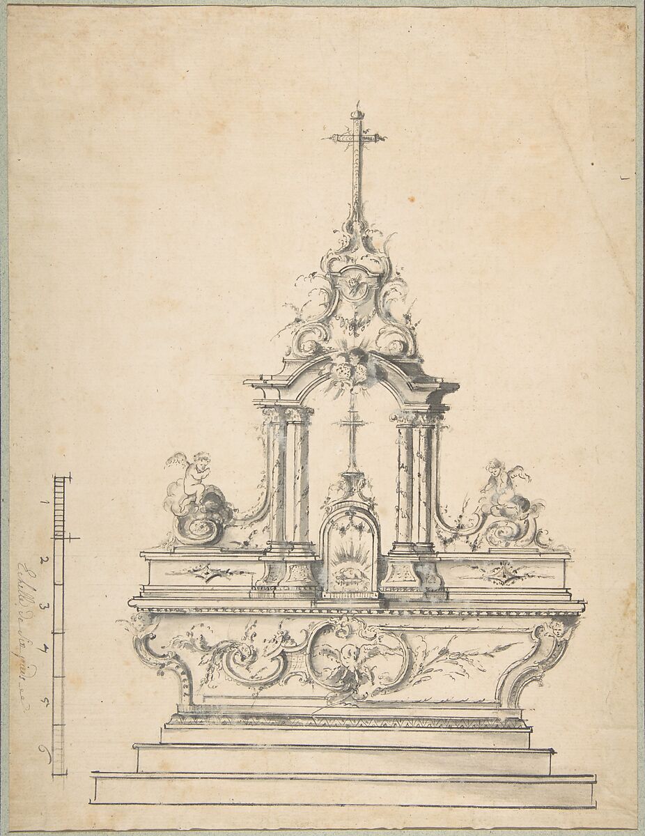 Design for an Altar, Anonymous, French, 18th century, Pen and black ink, brush and gray wash.  Scale in pieds at left. 