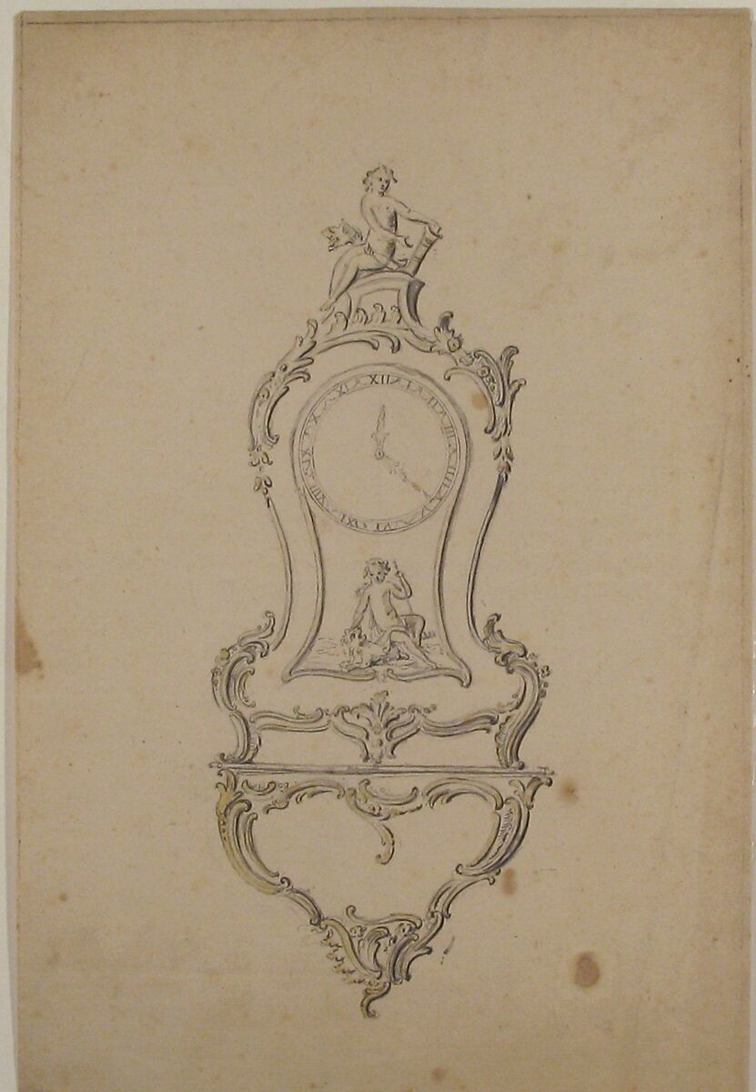 Design for a Clock, Anonymous, French, 18th century, Pen and gray ink, brush and black, gray, and yellow wash, over graphite
