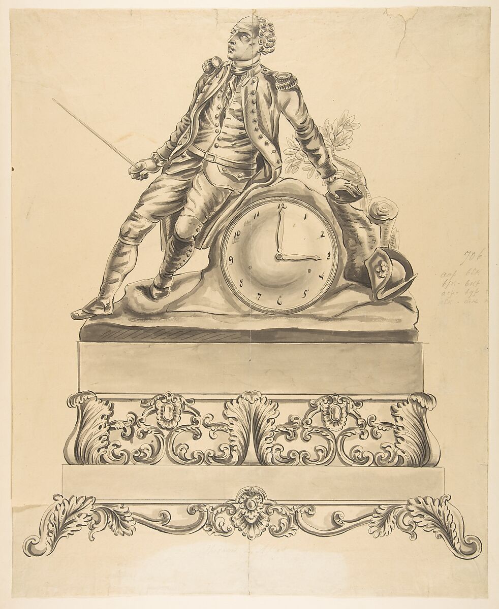 Design for a Clock, Anonymous, French, 18th century, Pen and black and gray ink, brush and gray wash 