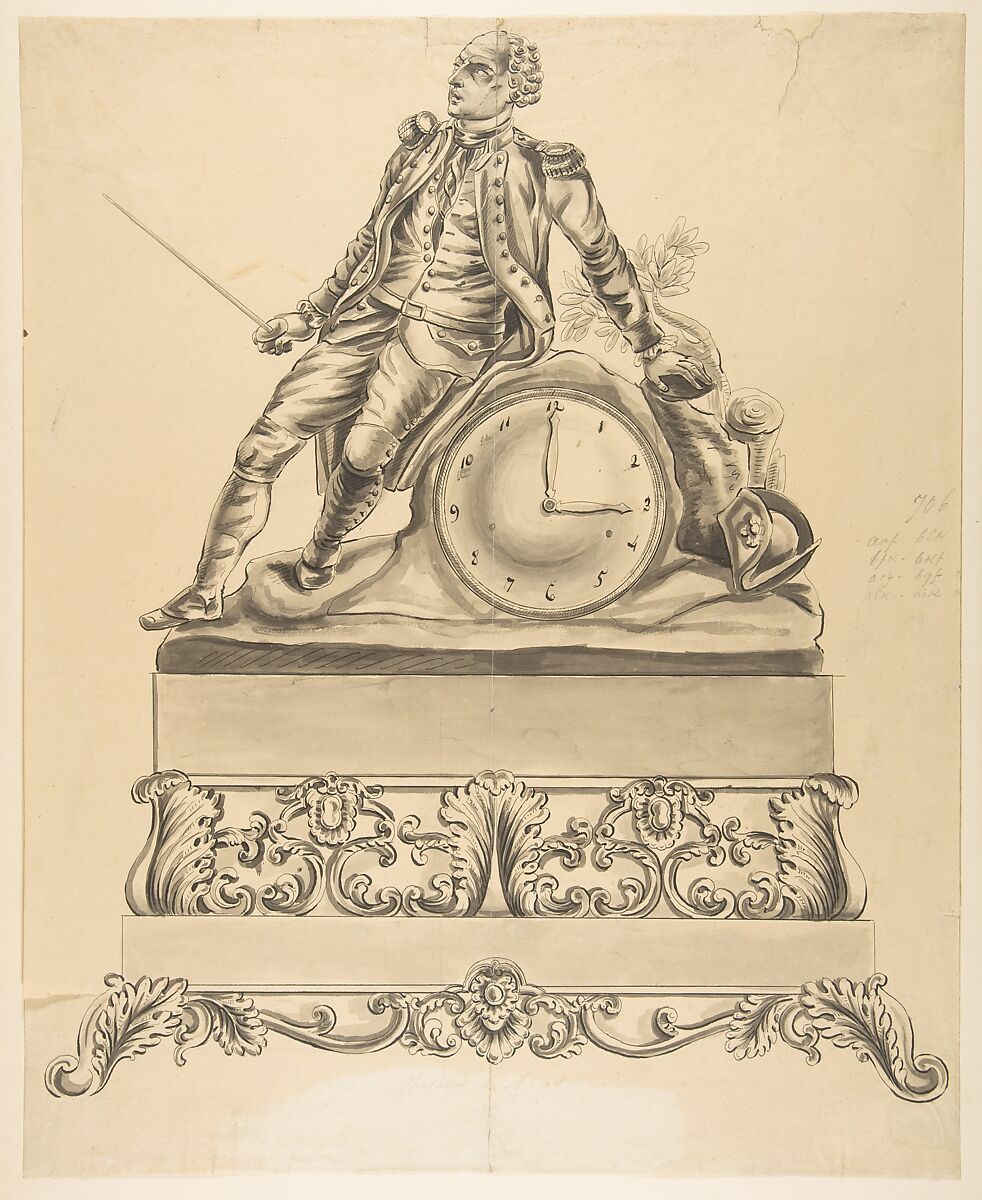 Design for a Clock, Anonymous, French, 18th century, Pen and black and gray ink, brush and gray wash