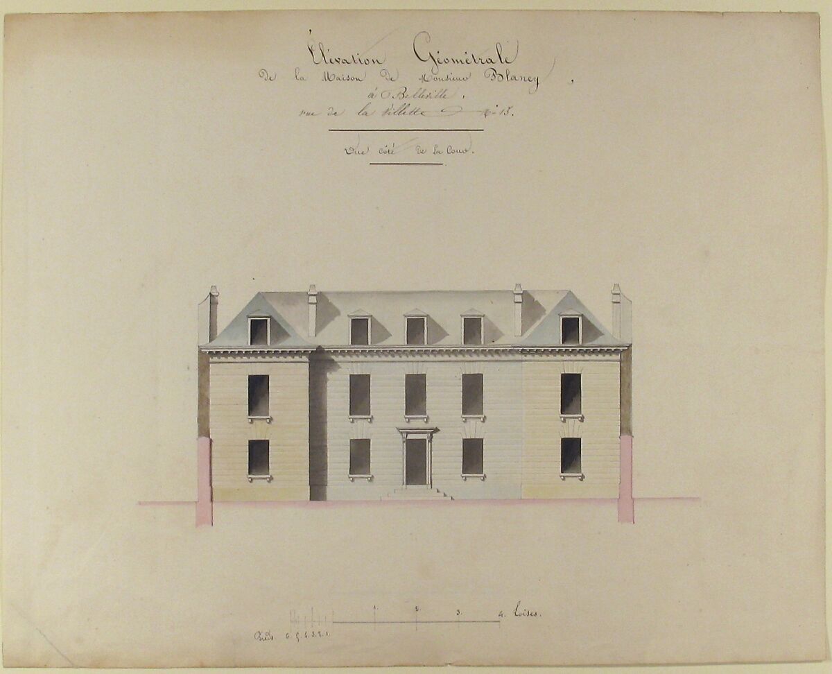 Design for the Exterior Façade of the Country House of Monsieur Blaney, Belleville (recto); Design for façade (verso), Anonymous, French, 18th century, Pen and brown ink, watercolor; Scale in pieds at bottom