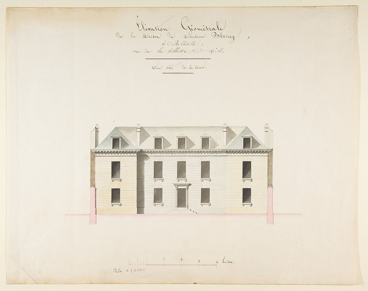 Design for the Exterior Façade of the Country House of Monsieur Blaney, Belleville (recto); Design for façade (verso), Anonymous, French, 18th century, Pen and brown ink, watercolor; Scale in pieds at bottom 