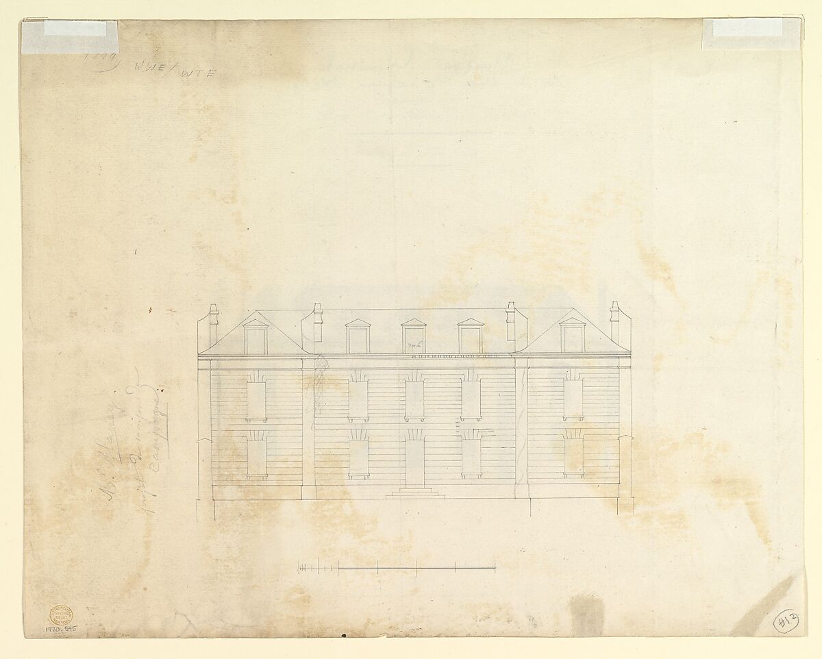 Design for the Exterior Façade of the Country House of Monsieur Blaney, Belleville (recto); Design for façade (verso), Anonymous, French, 18th century, Pen and brown ink, watercolor; Scale in pieds at bottom