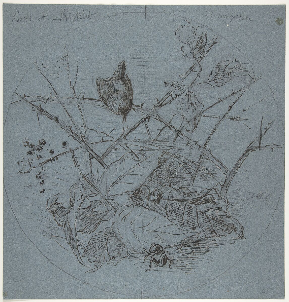 Design for a Plate, Karl Bodmer (Swiss, Riesbach 1809–1893 Barbizon), Pen and black ink, over black chalk on blue paper 