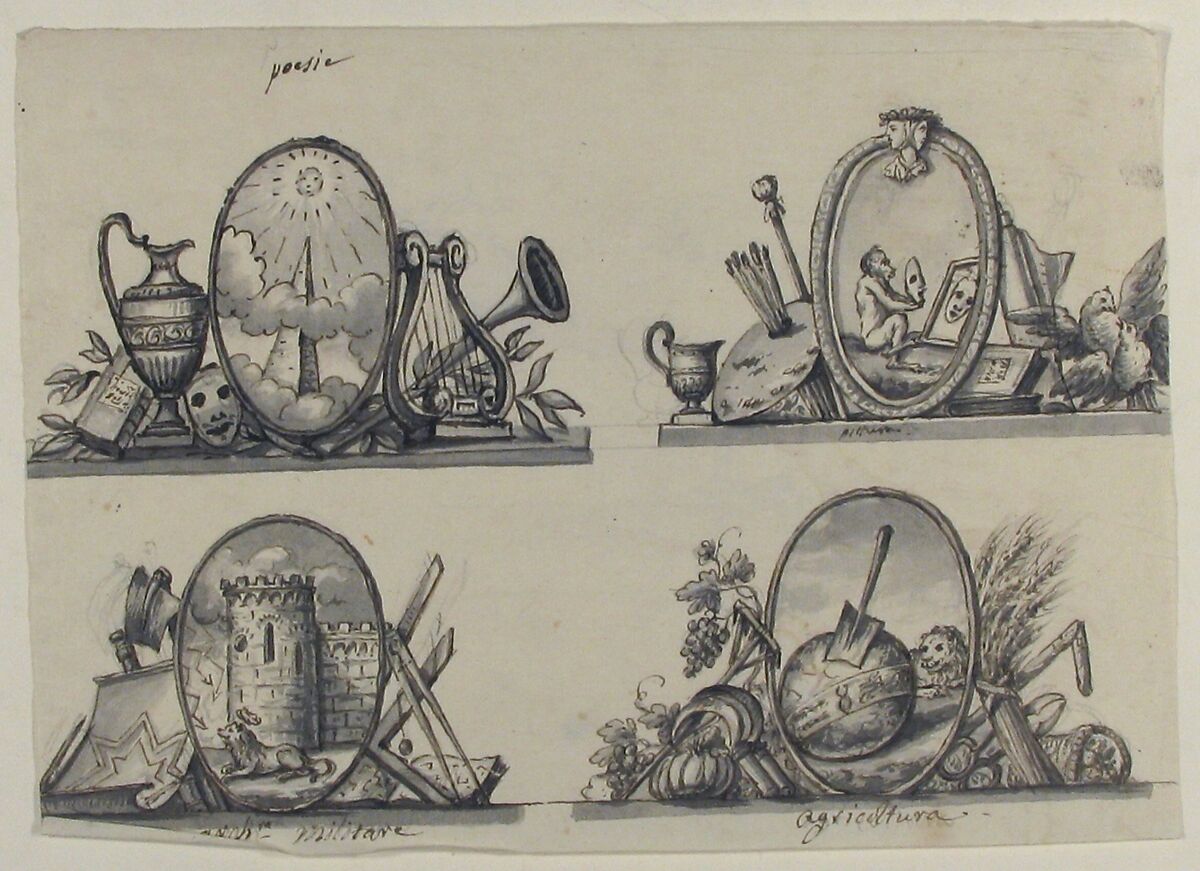 Four Designs for Emblems (recto); Sketch of Three Putti (verso), Anonymous, French, 18th century, Pen and black ink, brush and gray wash 