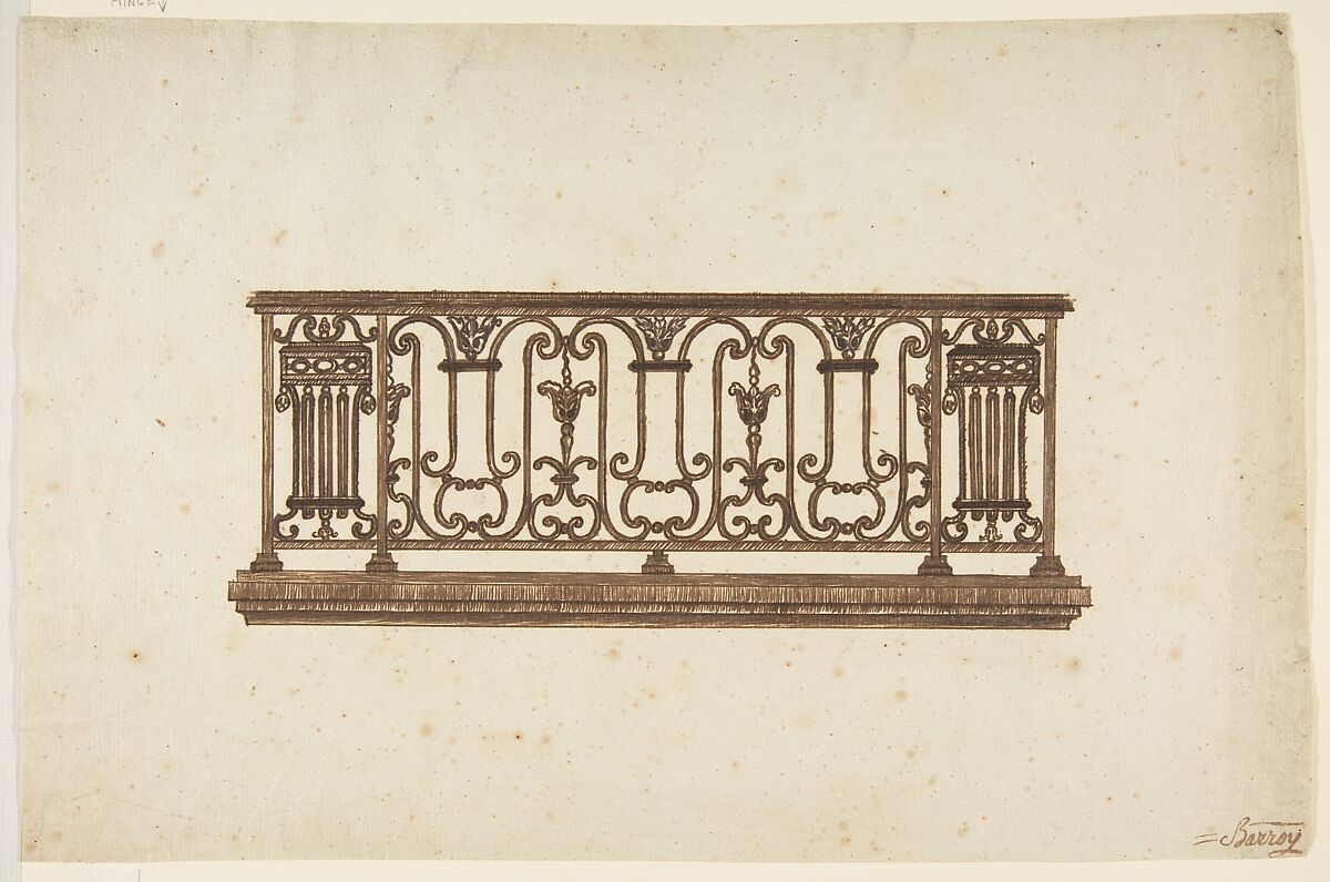 Design for an Iron Railing, Anonymous, French, 18th century, Pen and brown ink, brush and brown wash 
