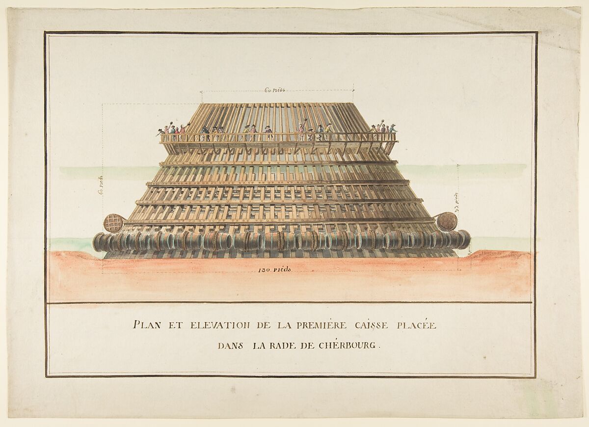 Design for a Machine, Anonymous, French, 18th century, Pen and brown ink, watercolor. Dimensions in pieds given on each side of machine. 