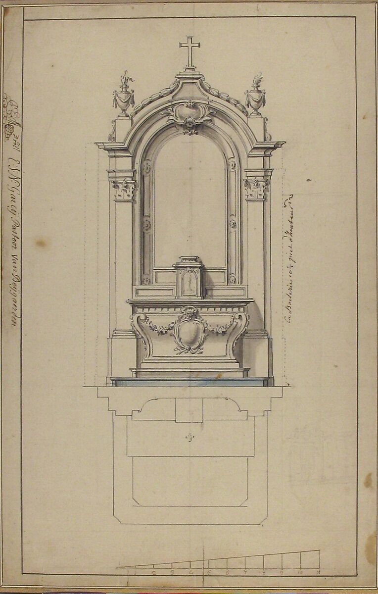 Design for an Altar, with Elevation and Ground Plan, Anonymous, French, 18th century, Pen and black and gray ink, brush and gray and blue wash