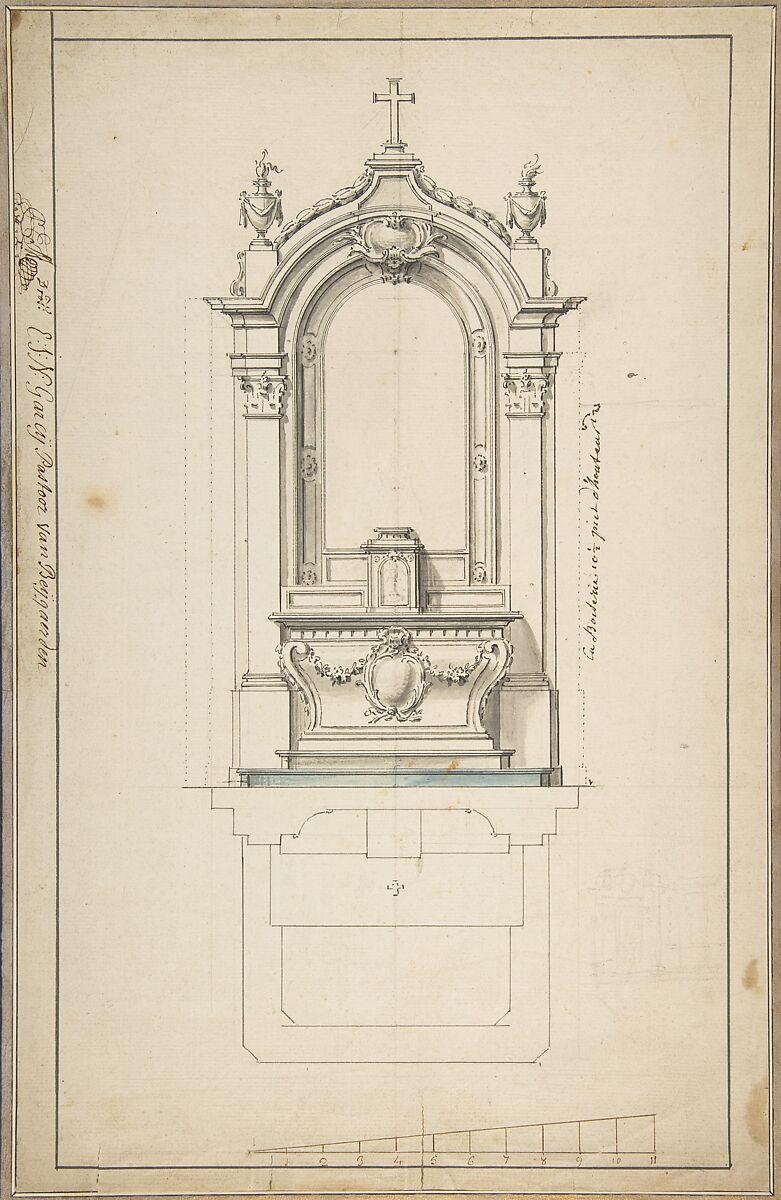 Design for an Altar, with Elevation and Ground Plan, Anonymous, French, 18th century, Pen and black and gray ink, brush and gray and blue wash 