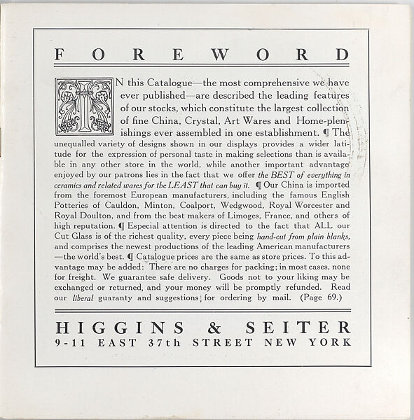 Illustrated price catalogue of fine china, crystal, artwares  and home furnishings, Higgins &amp; Seiter (New York, NY), Illustrations: photomechanical process