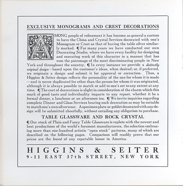 Illustrated price catalogue of fine china, crystal, artwares  and home furnishings, Higgins &amp; Seiter (New York, NY), Illustrations: photomechanical process