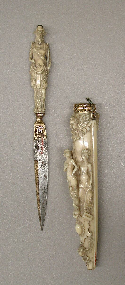 Knife with Sheath, Steel, ivory, diamond, ruby, enamel, gold, French, Dieppe 