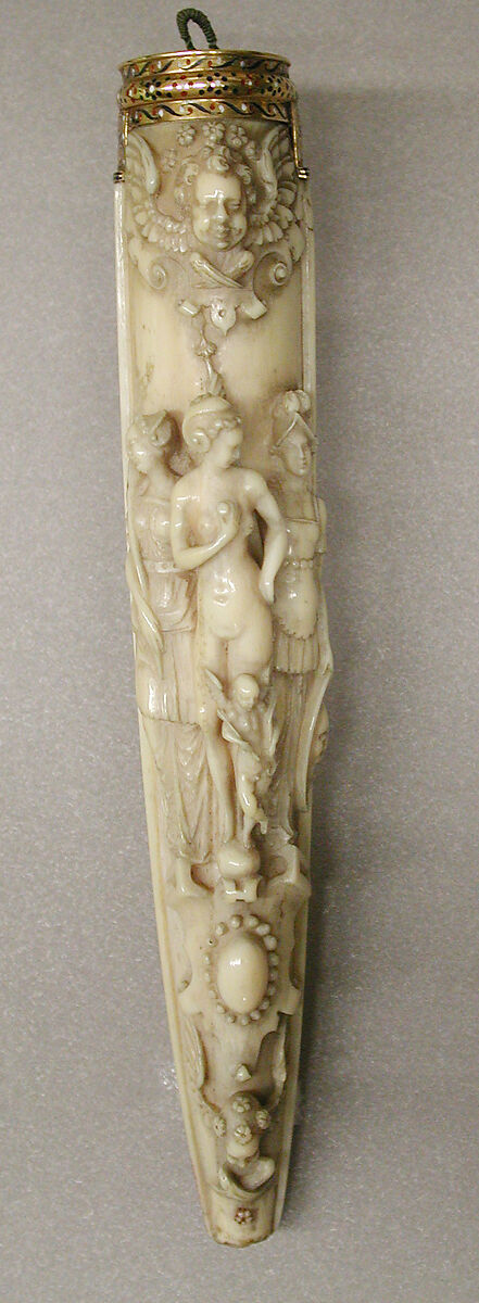 Knife with Sheath, Steel, ivory, diamond, ruby, enamel, gold, French, Dieppe