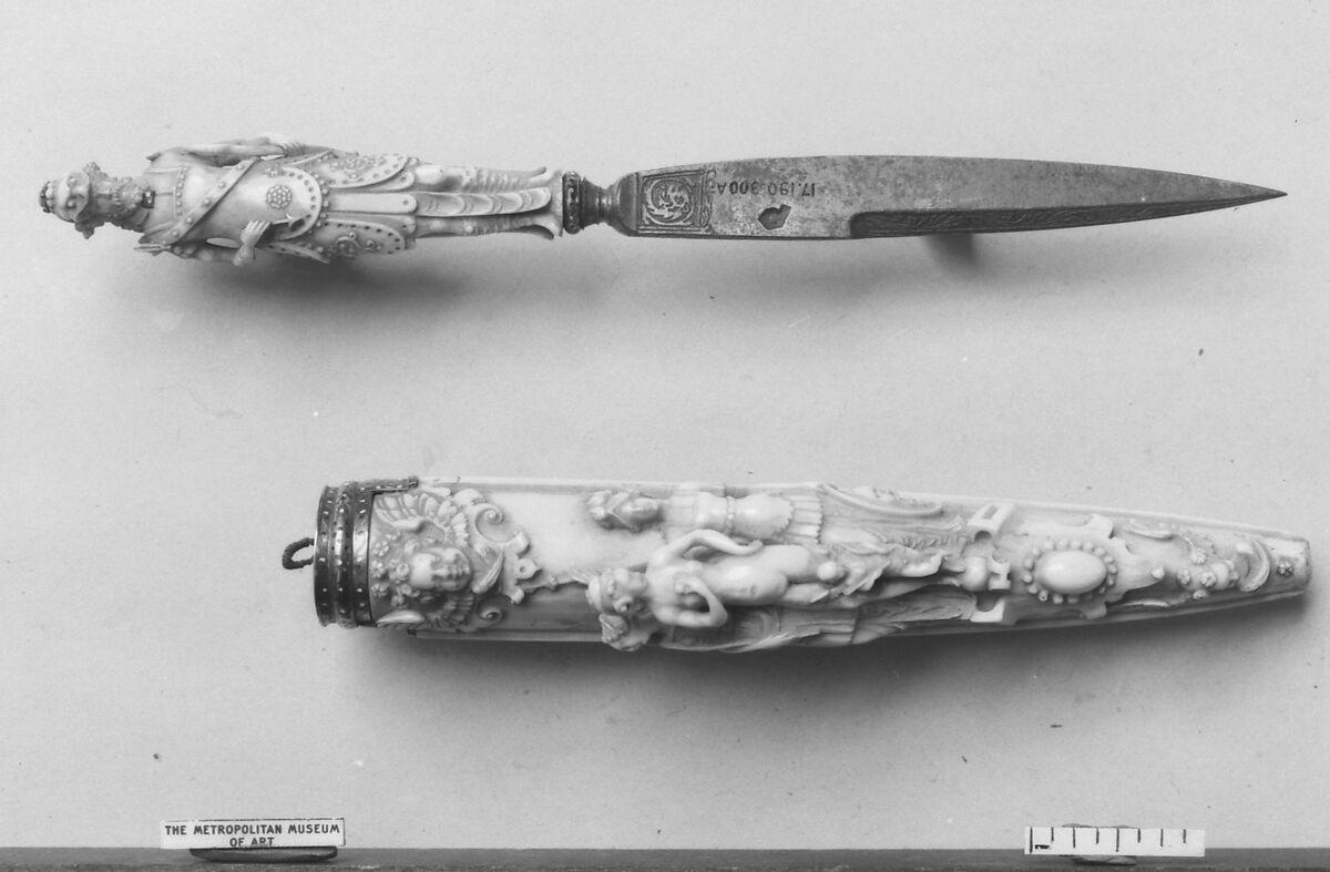 Knife with Sheath, Steel, ivory, diamond, ruby, enamel, gold, French, Dieppe