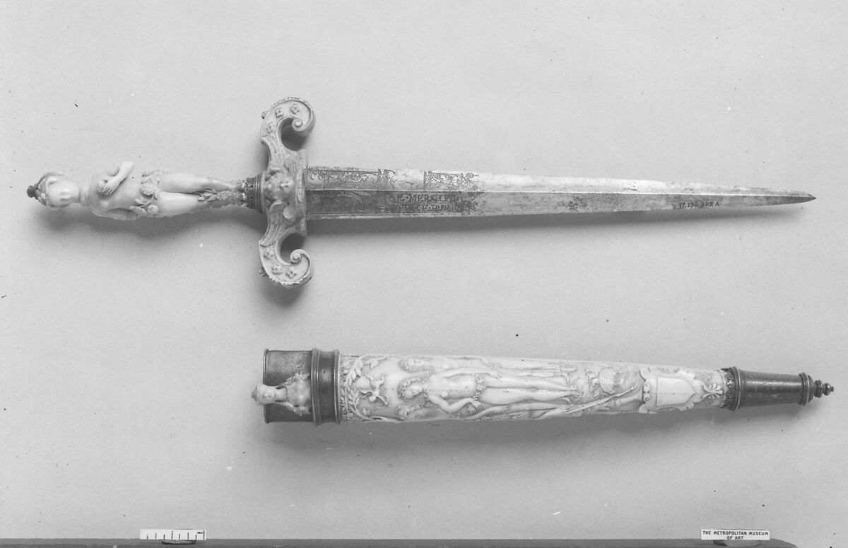 Dagger with Sheath and Knife, Steel, ivory, silver, gold, French, Dieppe; blade, British