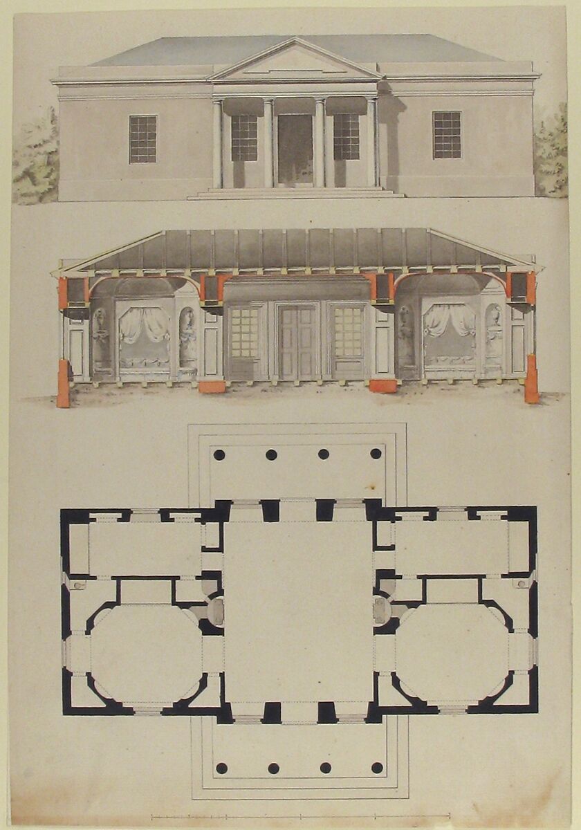 Plan, Elevation, and Section for a Single Story Pavilion, Anonymous, French, 18th century, Pen and black and gray ink, brush and gray, yellow, orange, and green wash