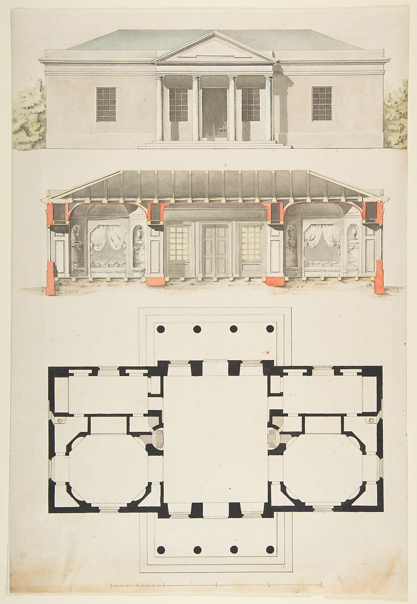 Plan, Elevation, and Section for a Single Story Pavilion, Anonymous, French, 18th century, Pen and black and gray ink, brush and gray, yellow, orange, and green wash 