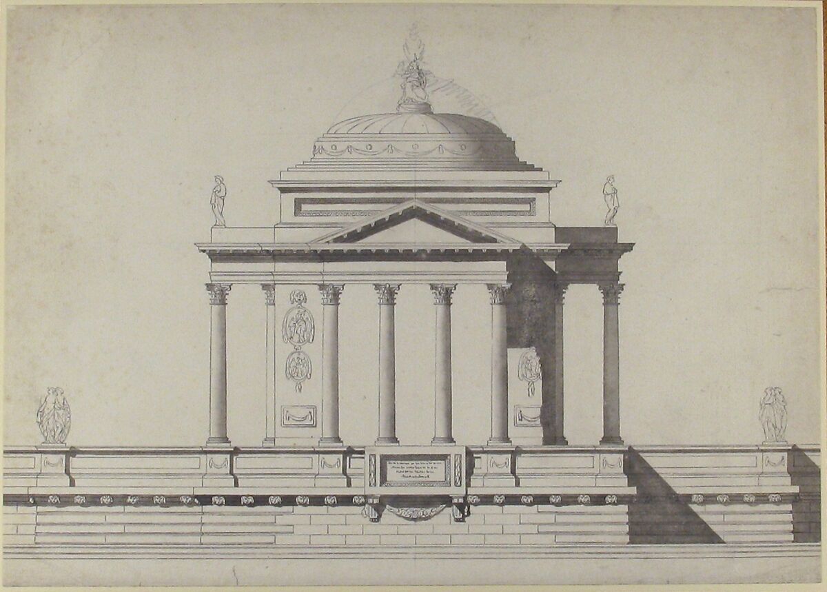 Elevation of a Domed Corinthian Temple, Anonymous, French, 18th century, Pen and black ink, brush and gray wash, over graphite