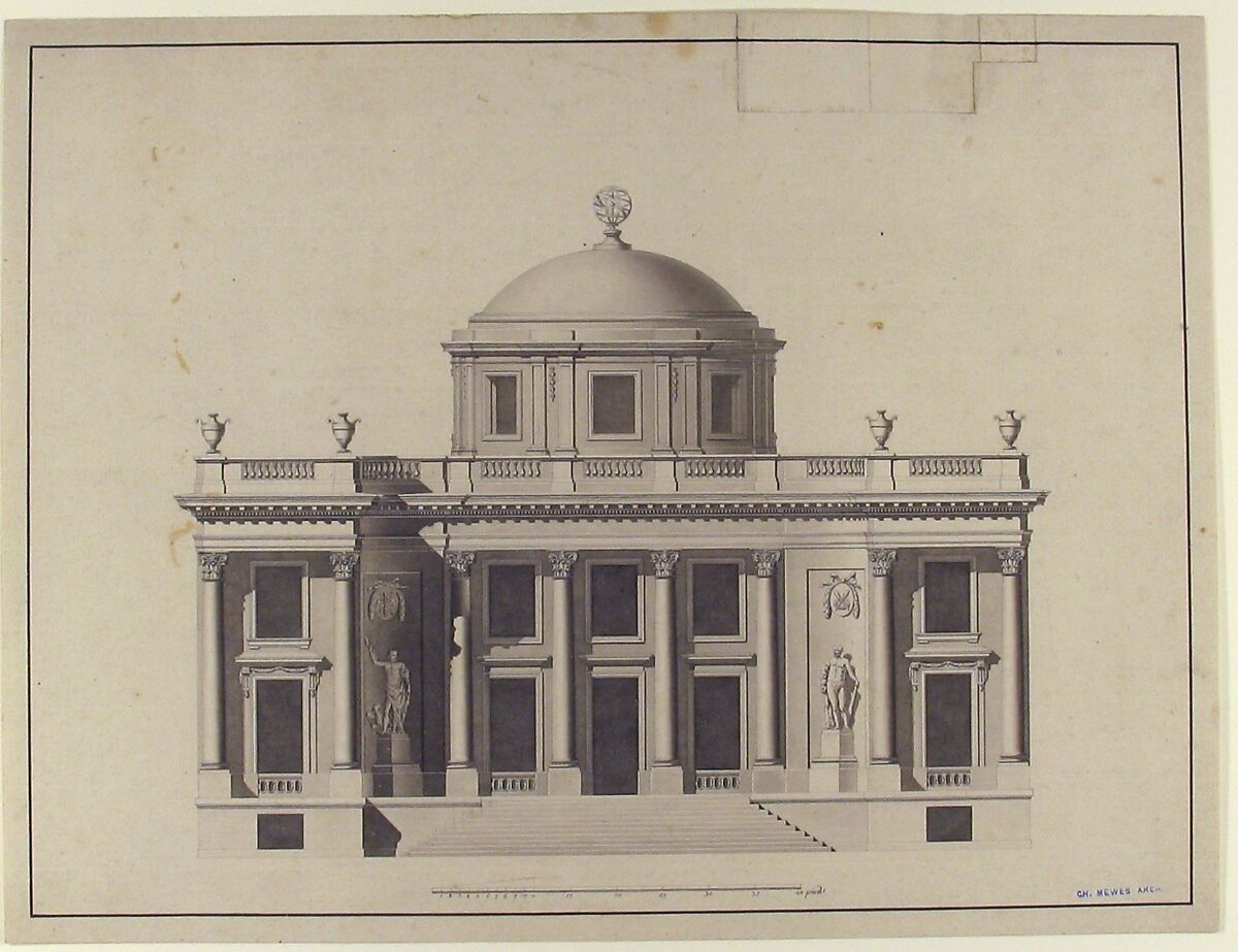 Project for a Domed Building with Colonnaded Façade, Anonymous, French, 18th century, Pen and black ink, brush and gray wash; scale in pieds at bottom