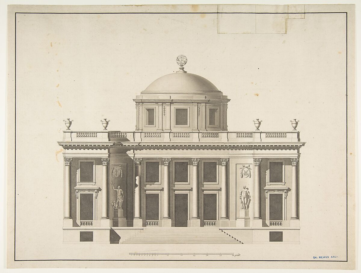 Project for a Domed Building with Colonnaded Façade, Anonymous, French, 18th century, Pen and black ink, brush and gray wash; scale in pieds at bottom 