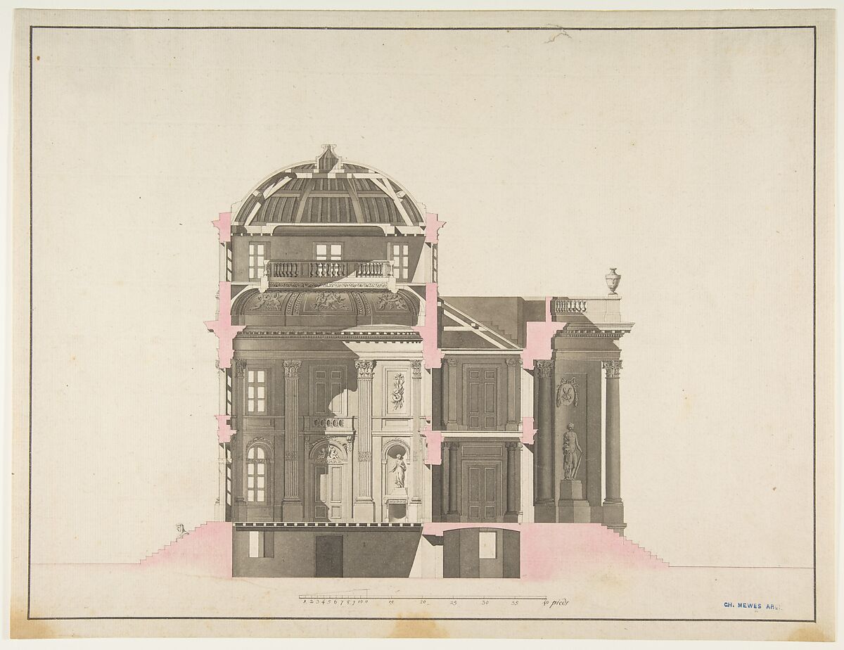 Project for a Domed Building with Colonnaded Façade, Anonymous, French, 18th century, Pen and black ink, brush and gray and pink wash; scale in pieds at bottom 