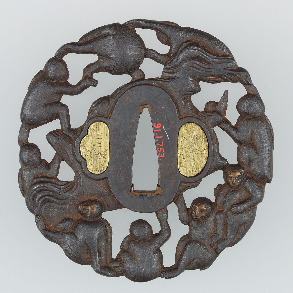 Sword Guard (<i>Tsuba</i>) Depicting Group of Monkeys in a Peach Tree (猿猴摘桃透鐔), Iron, copper, gold, Japanese