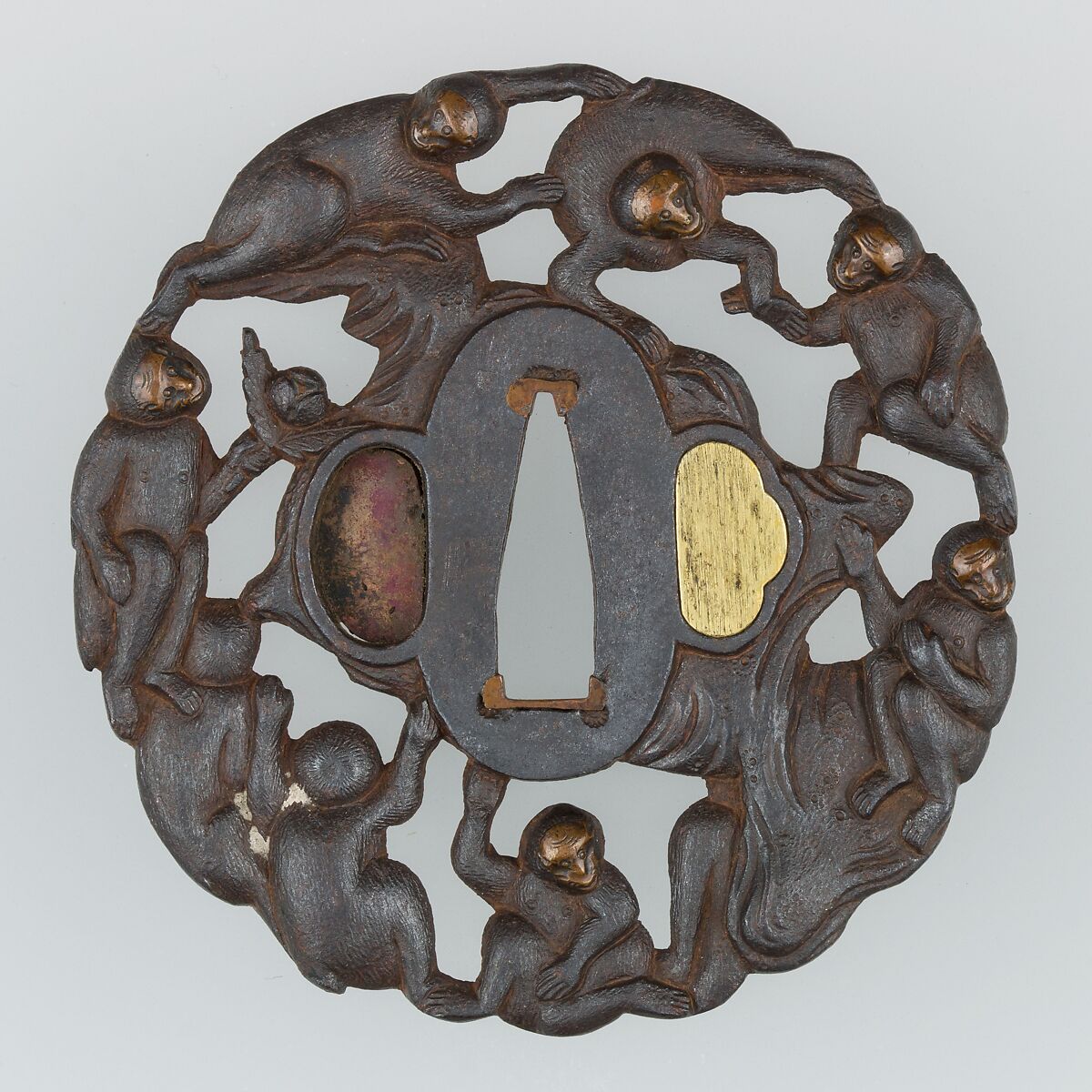 Sword Guard (<i>Tsuba</i>) Depicting Group of Monkeys in a Peach Tree (猿猴摘桃透鐔), Iron, copper, gold, Japanese 