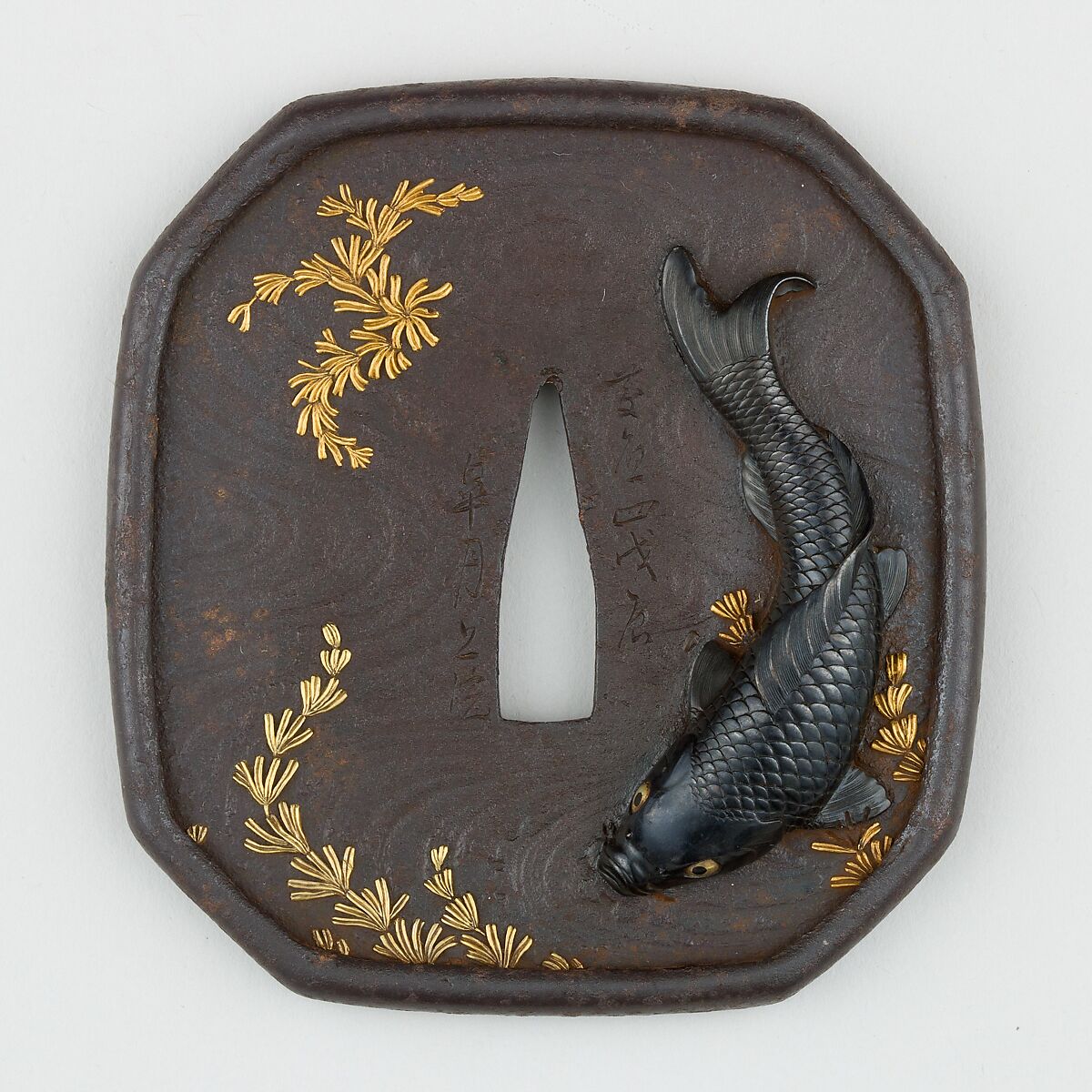 Sword Guard (<i>Tsuba</i>) with the Carp and Seaweed Motif (藻鯉図鐔), Kansai (寛斎) (Japanese, Edo, 1841–1918), Iron, gold, copper-gold alloy (<i>shakudō</i>), Japanese