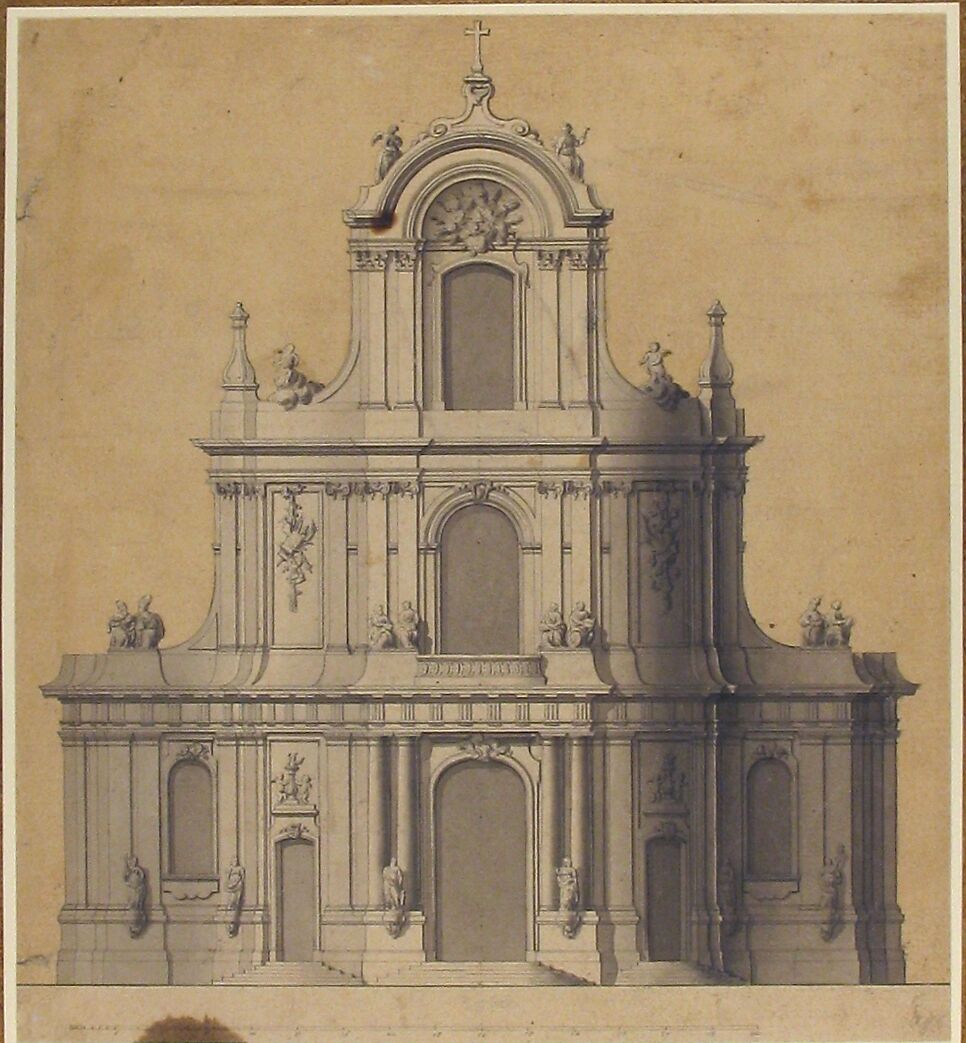 Elevation of West Façade of a Church, Anonymous, French, 18th century, Pen and black ink, brush and gray wash; scale in pieds at bottom