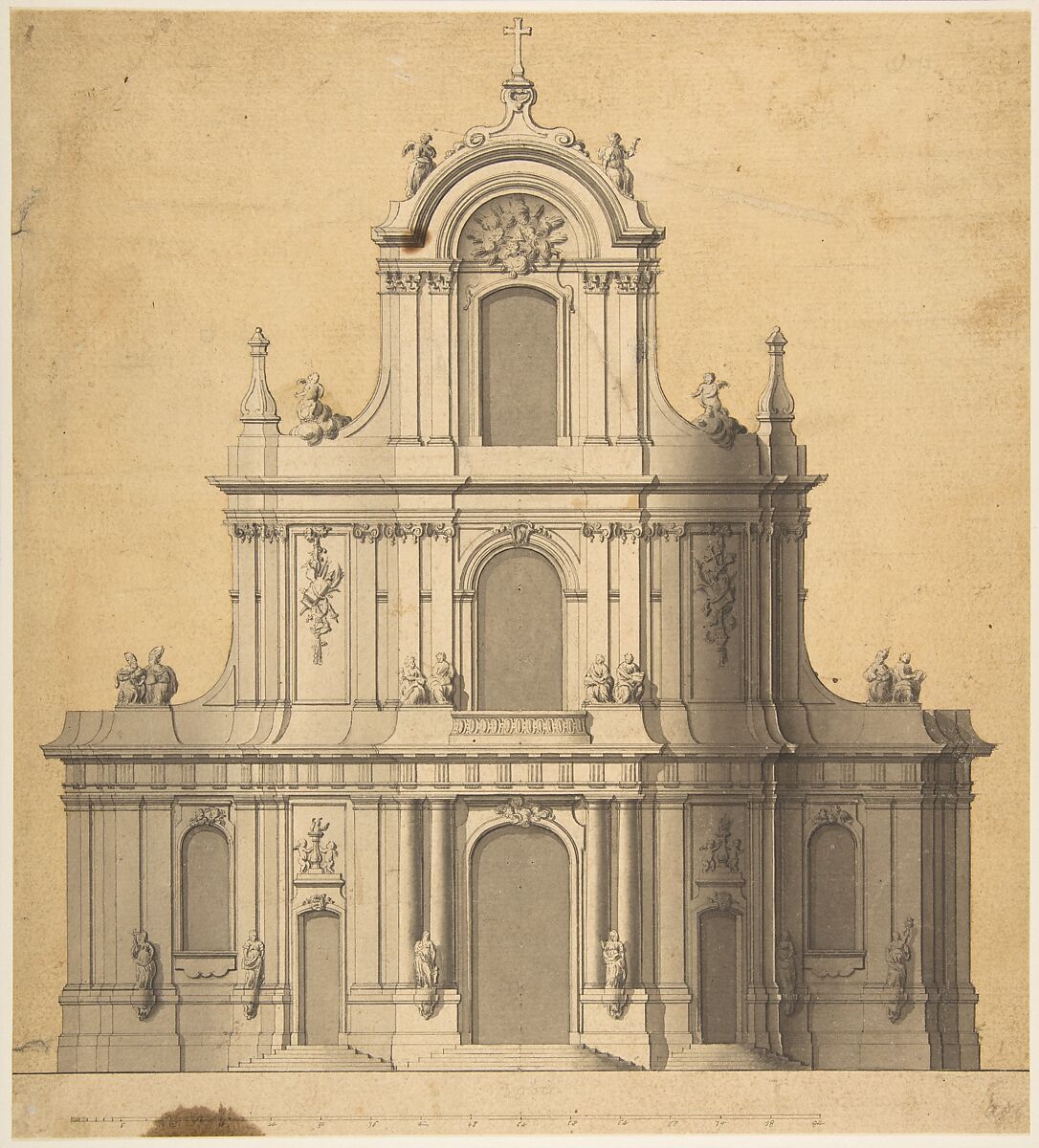 Elevation of West Façade of a Church, Anonymous, French, 18th century, Pen and black ink, brush and gray wash; scale in pieds at bottom 