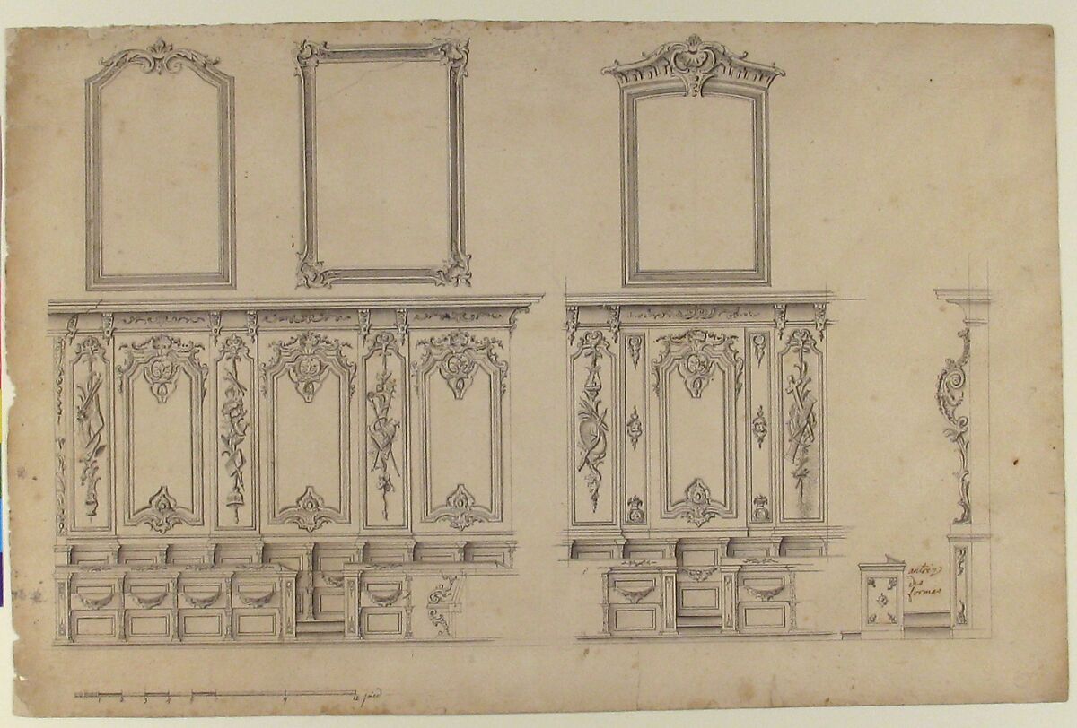 Design for Choir Stalls, Anonymous, French, 18th century, Pen and black ink, brush and gray wash, over graphite. Scale in pieds at bottom