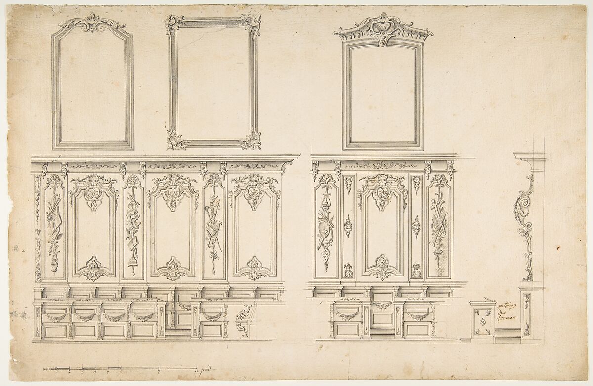 Design for Choir Stalls, Anonymous, French, 18th century, Pen and black ink, brush and gray wash, over graphite. Scale in pieds at bottom 