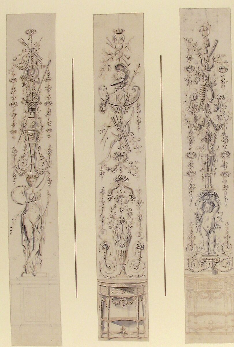 Three Designs for Panels of Arabesques, Anonymous, French, 18th century, Pen and black and brown ink, brush and gray wash, over graphite