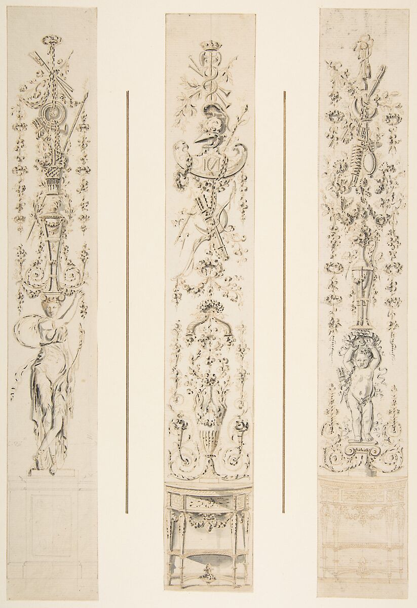 Three Designs for Panels of Arabesques, Anonymous, French, 18th century, Pen and black and brown ink, brush and gray wash, over graphite 