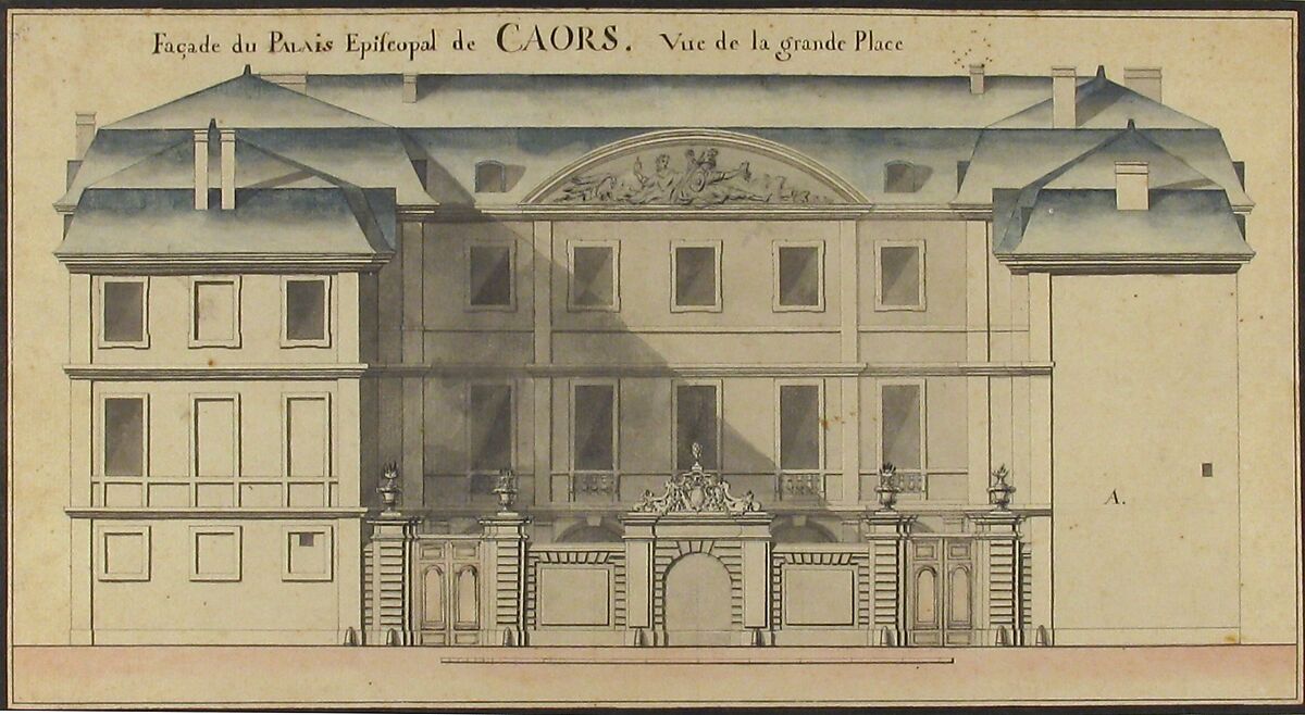 Elevation for the Episcopal Palace at Cahors, France, Anonymous, French, 18th century, Pen and black ink, brush and gray, blue, and pink wash