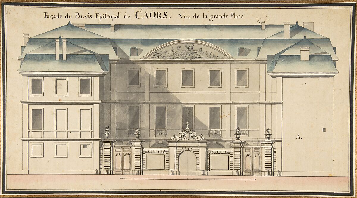 Elevation for the Episcopal Palace at Cahors, France, Anonymous, French, 18th century, Pen and black ink, brush and gray, blue, and pink wash 