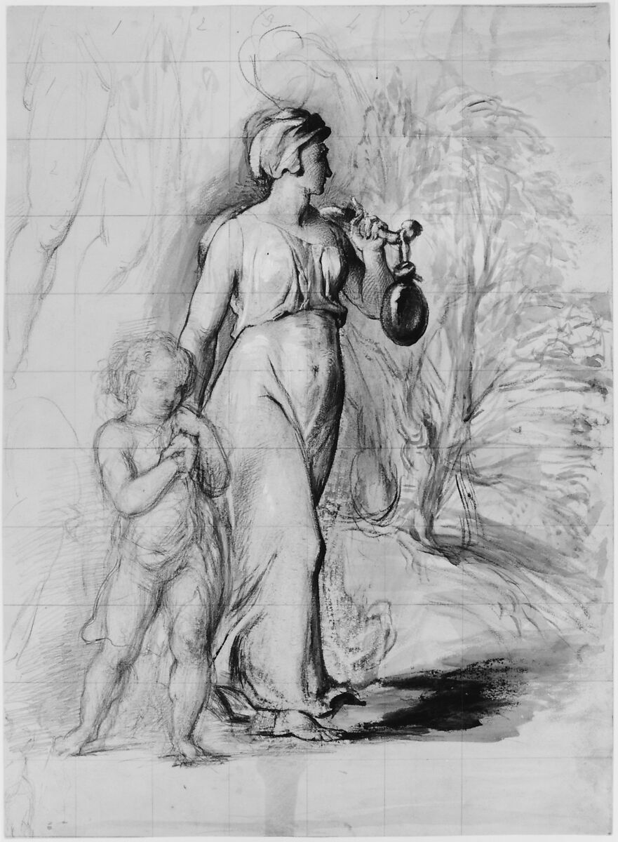Hagar and Ishmael in the Wilderness (recto); Two portrait studies of the artist's wife, and a study of a leg and torso (verso), George Richmond (British, Brompton 1809–1896 London), Graphite, pen and black ink, brush and black wash, with white gouache (bodycolor) (recto); graphite and black chalk with touches of gouache (bodycolor) (verso)