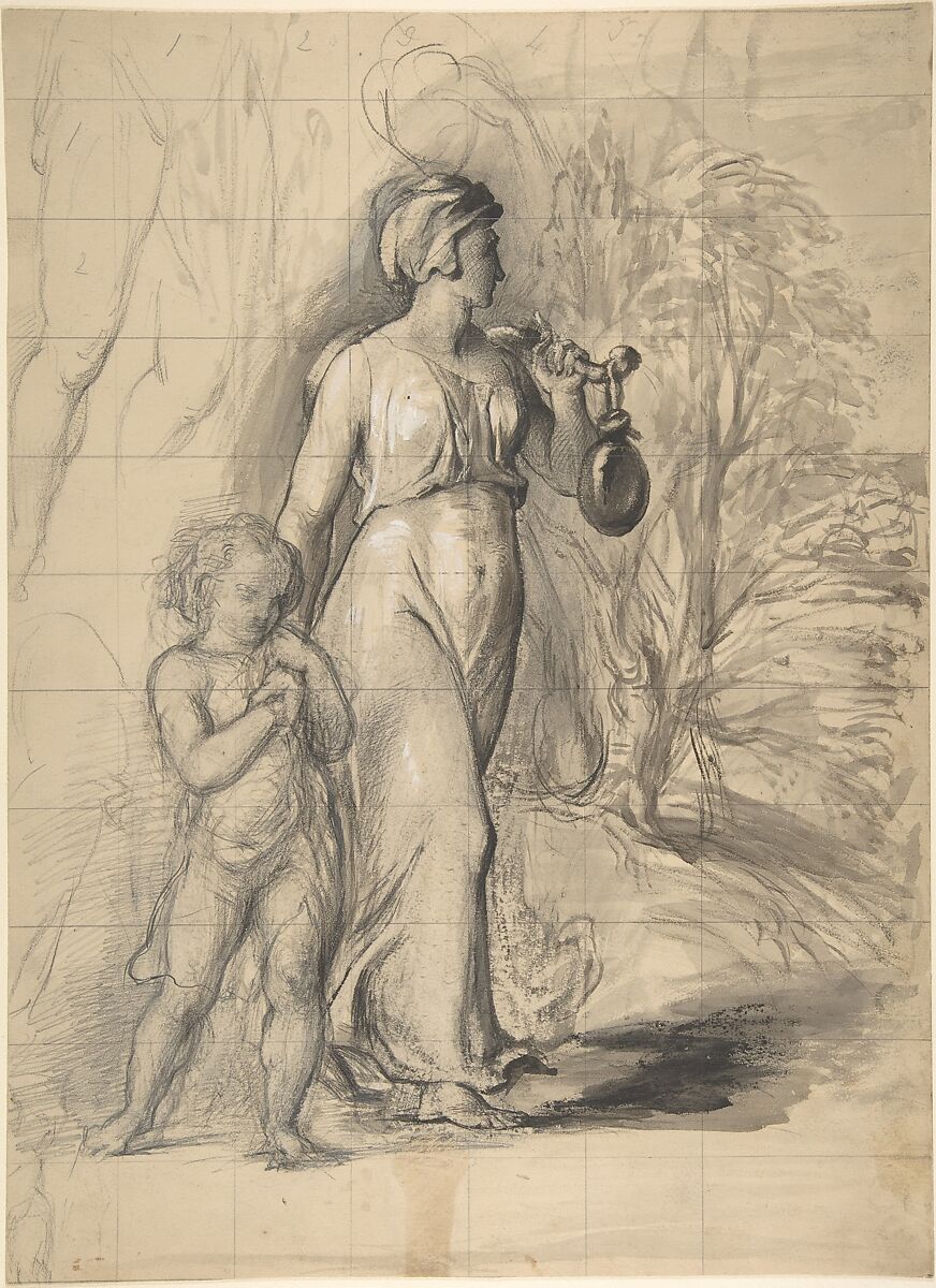 Hagar and Ishmael in the Wilderness (recto). Two portrait studies of the artist's wife, and a study of a leg and torso (verso), George Richmond (British, Brompton 1809–1896 London), Recto: graphite, pen and black ink, brush and black wash, with white gouache (bodycolor)
Verso: graphite and black chalk with touches of gouache (bodycolor) 